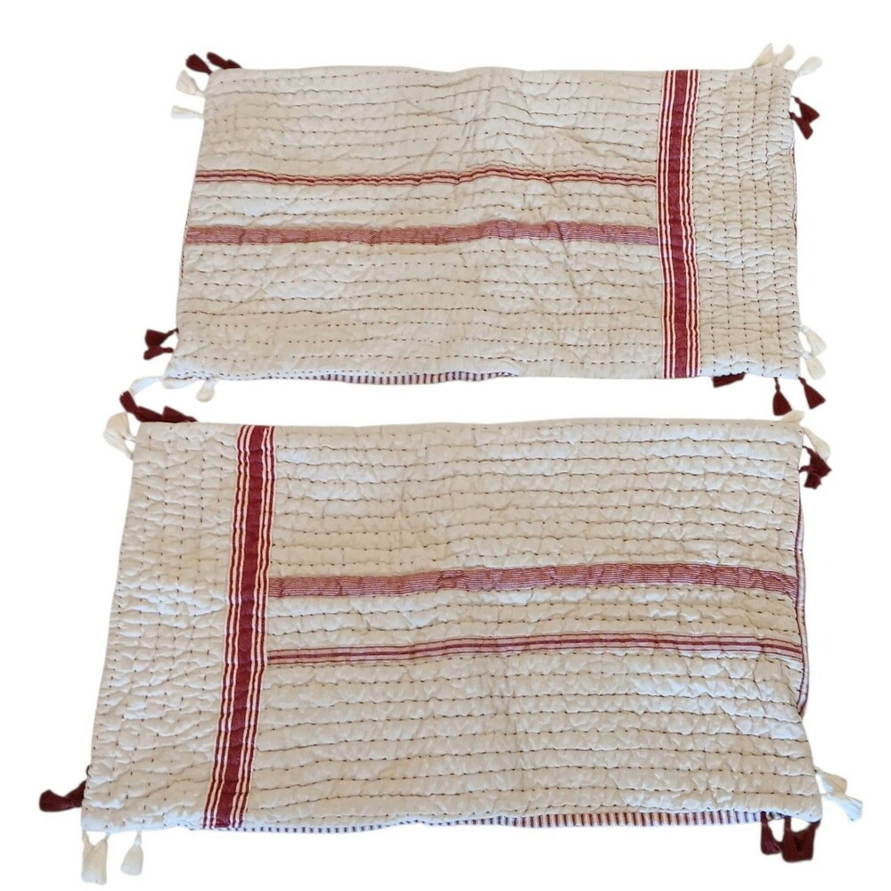 Pottery Barn Nellie Pick Stitch Red & Cream Reversible King Quilted Pillow Shams
